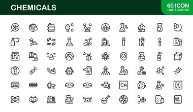 Kimyasallar Modern Satır Simgesi Koleksiyonu Laboratuvar Reaktörleri Test Tüpleri Şişeleri Tehlike Güvenliği ve Bilim Kavramları