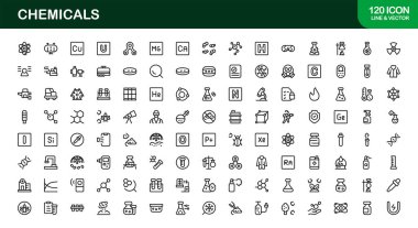 Kimyasallar Modern Satır Simgesi Koleksiyonu Laboratuvar Reaktörleri Test Tüpleri Şişeleri Tehlike Güvenliği ve Bilim Kavramları