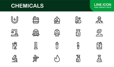 Kimyasallar Modern Satır Simgesi Koleksiyonu Laboratuvar Reaktörleri Test Tüpleri Şişeleri Tehlike Güvenliği ve Bilim Kavramları