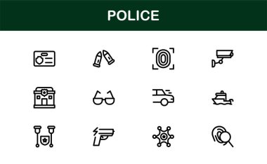 Polis çizgisi simgesi, çok yönlü kullanım için çok yönlü vektör ana hatları biçiminde mesleki asgari yasa uygulama sembolleri ayarlandı.