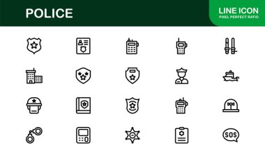 Polis çizgisi simgesi, çok yönlü kullanım için çok yönlü vektör ana hatları biçiminde mesleki asgari yasa uygulama sembolleri ayarlandı.