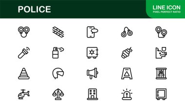 Polis çizgisi simgesi, çok yönlü kullanım için çok yönlü vektör ana hatları biçiminde mesleki asgari yasa uygulama sembolleri ayarlandı.