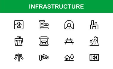 Kentsel planlama, inşaat ve teknoloji için Modern Altyapı Çizgisi Simgesi Profesyonel asgari vektör simgelerini ayarla.