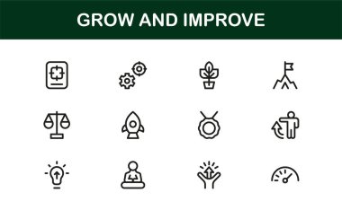 Modern satır simgesi seti oluştur ve geliştir. Mesleki asgari büyüme ve ilerleme sembolleri, iş, finans ve kalkınma için gösterişli vektör ana hatları simgeleri.