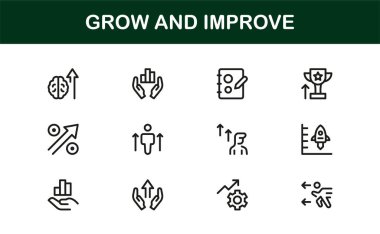 Modern satır simgesi seti oluştur ve geliştir. Mesleki asgari büyüme ve ilerleme sembolleri, iş, finans ve kalkınma için gösterişli vektör ana hatları simgeleri.