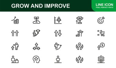 Modern satır simgesi seti oluştur ve geliştir. Mesleki asgari büyüme ve ilerleme sembolleri, iş, finans ve kalkınma için gösterişli vektör ana hatları simgeleri.