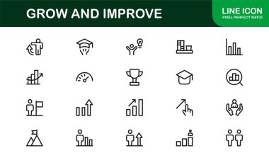 Modern satır simgesi seti oluştur ve geliştir. Mesleki asgari büyüme ve ilerleme sembolleri, iş, finans ve kalkınma için gösterişli vektör ana hatları simgeleri.