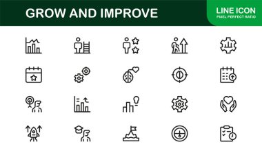 Modern satır simgesi seti oluştur ve geliştir. Mesleki asgari büyüme ve ilerleme sembolleri, iş, finans ve kalkınma için gösterişli vektör ana hatları simgeleri.