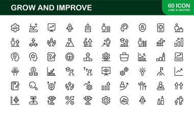 Modern satır simgesi seti oluştur ve geliştir. Mesleki asgari büyüme ve ilerleme sembolleri, iş, finans ve kalkınma için gösterişli vektör ana hatları simgeleri.
