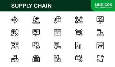 Lojistik, Nakliye ve Envanter Yönetimi için Tedarik Zinciri Simgesi Profesyonel Minimum Vektör Simgelerini Ayarla