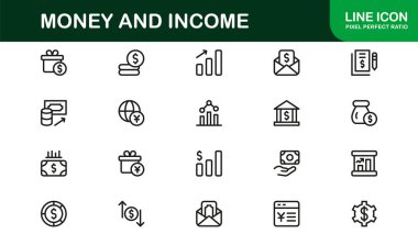 Modern Para ve Gelir Çizgisi Simgesi Profesyonel finans, gelir ve net vektör biçiminde yatırım için asgari taslak simgeleri belirledi.