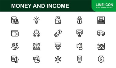 Modern Para ve Gelir Çizgisi Simgesi Profesyonel finans, gelir ve net vektör biçiminde yatırım için asgari taslak simgeleri belirledi.