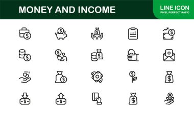Modern Para ve Gelir Çizgisi Simgesi Profesyonel finans, gelir ve net vektör biçiminde yatırım için asgari taslak simgeleri belirledi.