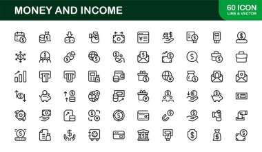 Modern Para ve Gelir Çizgisi Simgesi Profesyonel finans, gelir ve net vektör biçiminde yatırım için asgari taslak simgeleri belirledi.