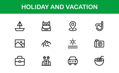 Tatil ve Tatil Çizgisi Simgesi Modern Minimal Taslak Simgelerini Seyahat, Plaj, Yaz ve Gevşeme Temaları İçin Ayarla