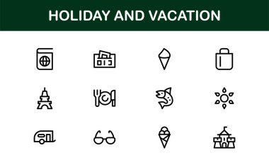 Tatil ve Tatil Çizgisi Simgesi Modern Minimal Taslak Simgelerini Seyahat, Plaj, Yaz ve Gevşeme Temaları İçin Ayarla