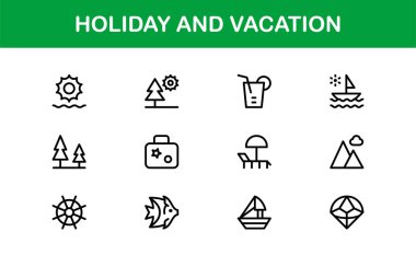 Tatil ve Tatil Çizgisi Simgesi Modern Minimal Taslak Simgelerini Seyahat, Plaj, Yaz ve Gevşeme Temaları İçin Ayarla