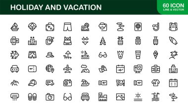 Tatil ve Tatil Çizgisi Simgesi Modern Minimal Taslak Simgelerini Seyahat, Plaj, Yaz ve Gevşeme Temaları İçin Ayarla