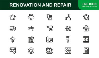 Profesyonel Yenileme ve Onarım Satırı Simgesi Ev onarımı, inşaat ve temiz bir taslak koleksiyonu araçları için Modern, minimal vektör simgeleri ayarla.