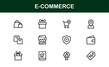 Modern minimal tasarımlar, eşsiz vektör çizimleri ve premium dijital projeler ve markalaşma için temiz taslakları olan E-Commerce Professional Line Icon Set