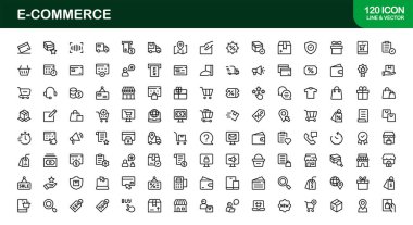Modern minimal tasarımlar, eşsiz vektör çizimleri ve premium dijital projeler ve markalaşma için temiz taslakları olan E-Commerce Professional Line Icon Set