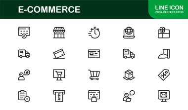 Modern minimal tasarımlar, eşsiz vektör çizimleri ve premium dijital projeler ve markalaşma için temiz taslakları olan E-Commerce Professional Line Icon Set