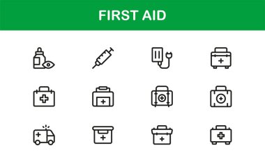 İlk Yardım Modern Satır Simgesi Koleksiyonu, tıbbi acil durum güvenlik sembolleri içeren benzersiz asgari vektör simgeleri, temiz görsel iletişim için profesyonel sağlık sistemi