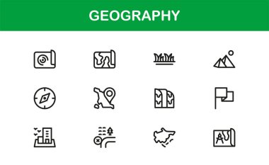 Haritacılık için Modern Tasarım ve Toprak Bilimi ile Temiz Minimum Vektörler içeren Coğrafya Profesyoneli Simge Koleksiyonu