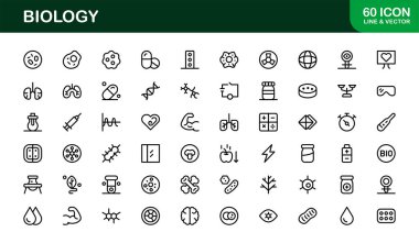 Biyoloji Çizgisi Simgesi Ayarlandı. Profesyonel Modern Laboratuar Sembolleri, DNA, Hücreler ve Minimal Taslak Biçimli Bilimsel Araştırma Simgeleri