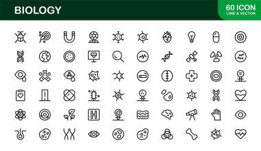 Biyoloji Çizgisi Simgesi Ayarlandı. Profesyonel Modern Laboratuar Sembolleri, DNA, Hücreler ve Minimal Taslak Biçimli Bilimsel Araştırma Simgeleri