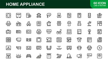 Modern Ev Aletleri Hattı Simgesi Ayarlandı. Dijital projeler için profesyonel asgari mutfak ve elektronik vektör koleksiyonu