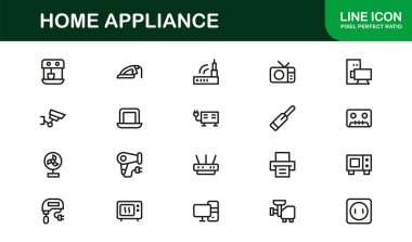 Modern Ev Aletleri Hattı Simgesi Ayarlandı. Dijital projeler için profesyonel asgari mutfak ve elektronik vektör koleksiyonu