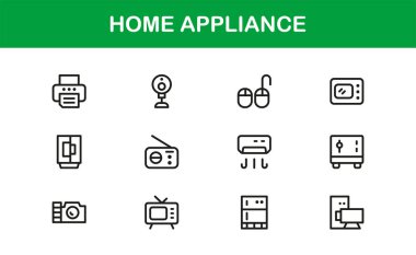 Modern Ev Aletleri Hattı Simgesi Ayarlandı. Dijital projeler için profesyonel asgari mutfak ve elektronik vektör koleksiyonu