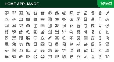 Modern Ev Aletleri Hattı Simgesi Ayarlandı. Dijital projeler için profesyonel asgari mutfak ve elektronik vektör koleksiyonu