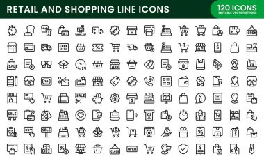 Perakende satış simgesi hazır. Profesyonel Satır Simgesi Paketi, Moda Mağazası, Sepet, Ödeme ve Satış Simgeleri Premium Kullanımı İçin Modern Minimum Vektör Koleksiyonu