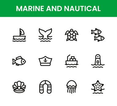 Denizci ve Denizcilik ikonu hazır. Deniz ve Denizcilik modern okyanus simgeleri deniz macerası deniz turizmi ve su aktiviteleri için seyahat taşımacılığı simgeleri.
