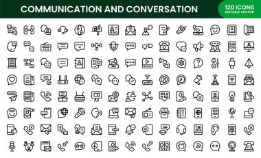 İletişim ve İletişim simgesi ayarlandı. İletişim ve İletişim Modern Satır Simgesi Kümesi, tartışma, diyalog ve etkileşim için profesyonel asgari vektör grafiklerini içerir.