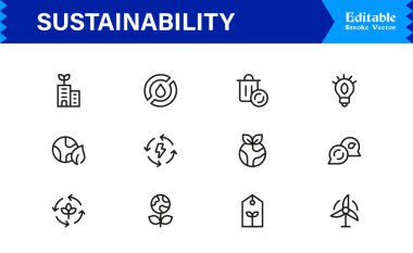 Sustainability modern professional line icon set, clean minimal vector collection for eco-friendly concepts, green energy, nature conservation, environment, and recycling