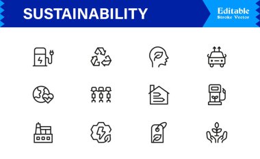 Sustainability modern professional line icon set, clean minimal vector collection for eco-friendly concepts, green energy, nature conservation, environment, and recycling