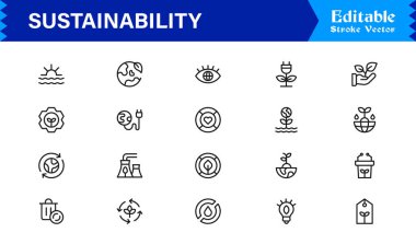 Sustainability modern professional line icon set, clean minimal vector collection for eco-friendly concepts, green energy, nature conservation, environment, and recycling