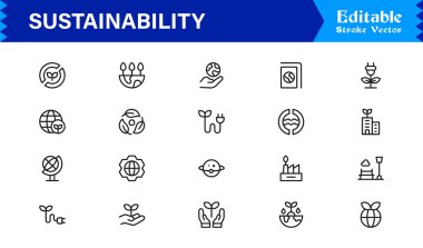 Sustainability modern professional line icon set, clean minimal vector collection for eco-friendly concepts, green energy, nature conservation, environment, and recycling