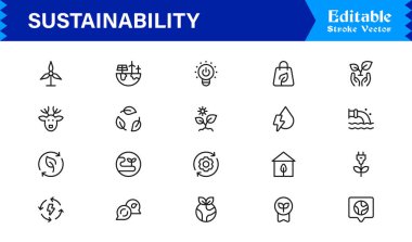 Sustainability modern professional line icon set, clean minimal vector collection for eco-friendly concepts, green energy, nature conservation, environment, and recycling