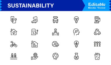 Sustainability modern professional line icon set, clean minimal vector collection for eco-friendly concepts, green energy, nature conservation, environment, and recycling