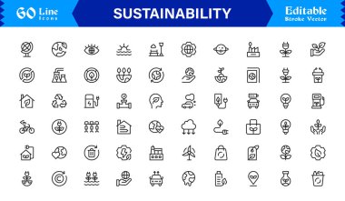 Sustainability modern professional line icon set, clean minimal vector collection for eco-friendly concepts, green energy, nature conservation, environment, and recycling