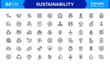 Sustainability modern professional line icon set, clean minimal vector collection for eco-friendly concepts, green energy, nature conservation, environment, and recycling