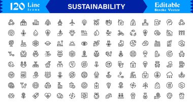 Sustainability modern professional line icon set, clean minimal vector collection for eco-friendly concepts, green energy, nature conservation, environment, and recycling