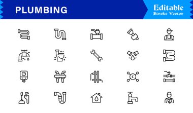 Düzenlenebilir, piksel mükemmelliğinde temiz ve modern tasarım tarzına sahip boru hattı simgesi seti. Tesisat, bakım, onarım ve inşaat temaları için mükemmel..