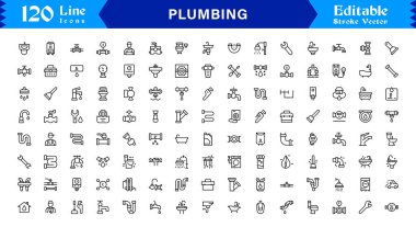 Düzenlenebilir, piksel mükemmelliğinde temiz ve modern tasarım tarzına sahip boru hattı simgesi seti. Tesisat, bakım, onarım ve inşaat temaları için mükemmel..