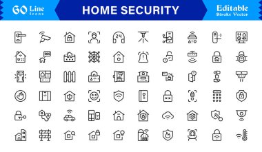 Modern Ev Güvenlik Hattı Simgesi Koleksiyonu Temiz Minimalist Biçim, Eşsiz Vektör Taslak Simgeleri Gözetleme, Alarmlar, Kameralar, Erişim Denetimi