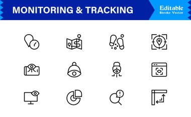 İzleme ve İzleme Çözüm simgesi koleksiyonu. Düzenlenebilir, Piksel Mükemmel Tasarımlı Eşsiz ve Minimum Satır Simgesi Paketi